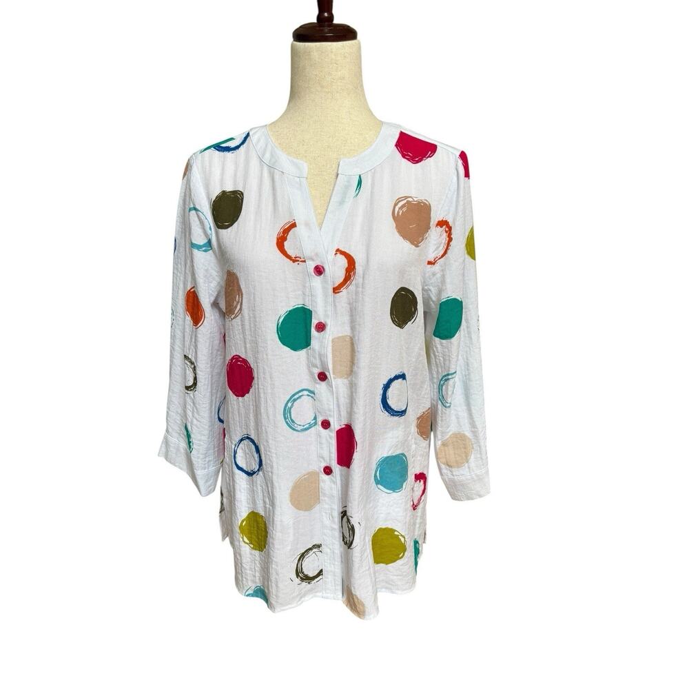 Ali Miles Women's Abstract Dot Print Top White Size Medium Pockets